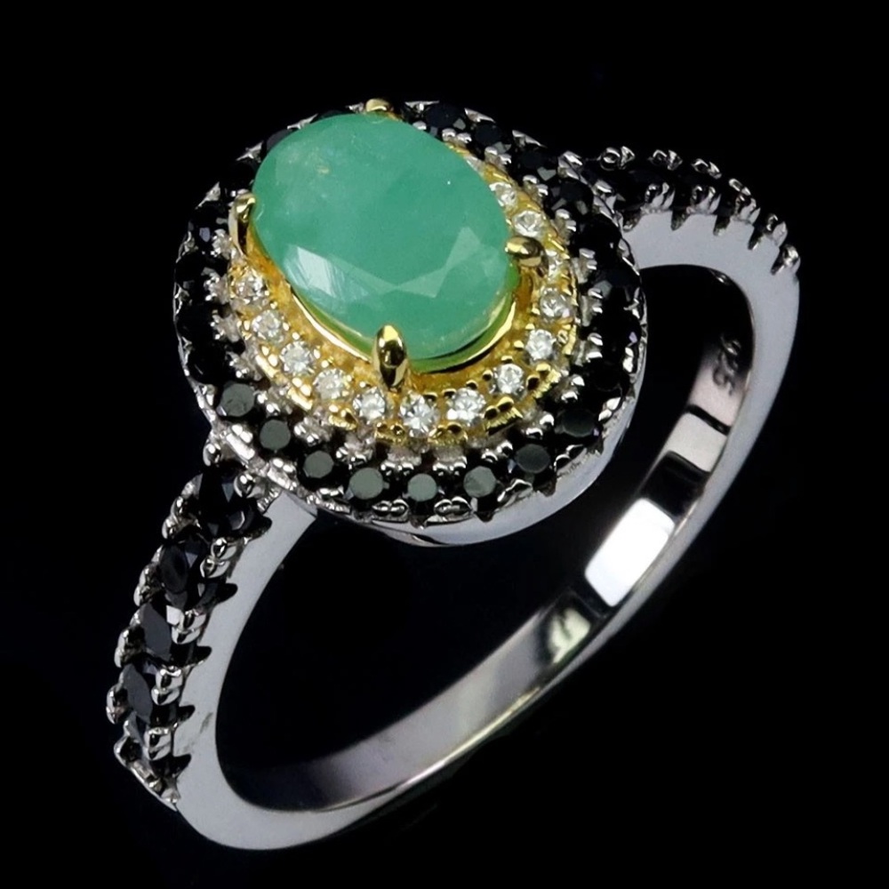 Incredible Genuine Emerald Ring Encrusted with Genuine Black Spinels